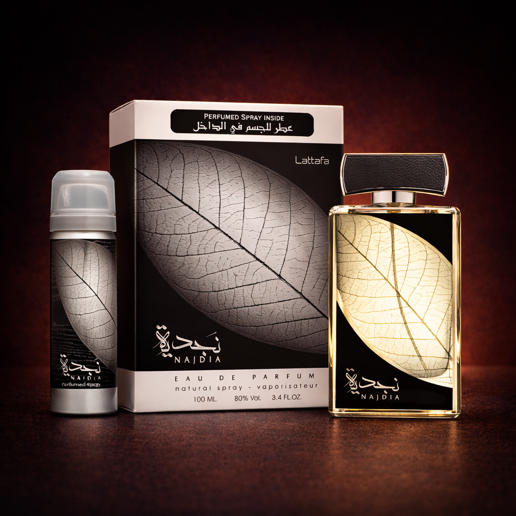 Lattafa Najdia Eau de Parfum 100 ml + Körperspray 50 ml Set für Herren – Langanhaltender orientalisch-holziger und würziger Duft – Arabisches Luxus-Kölnischwasser-Geschenkset