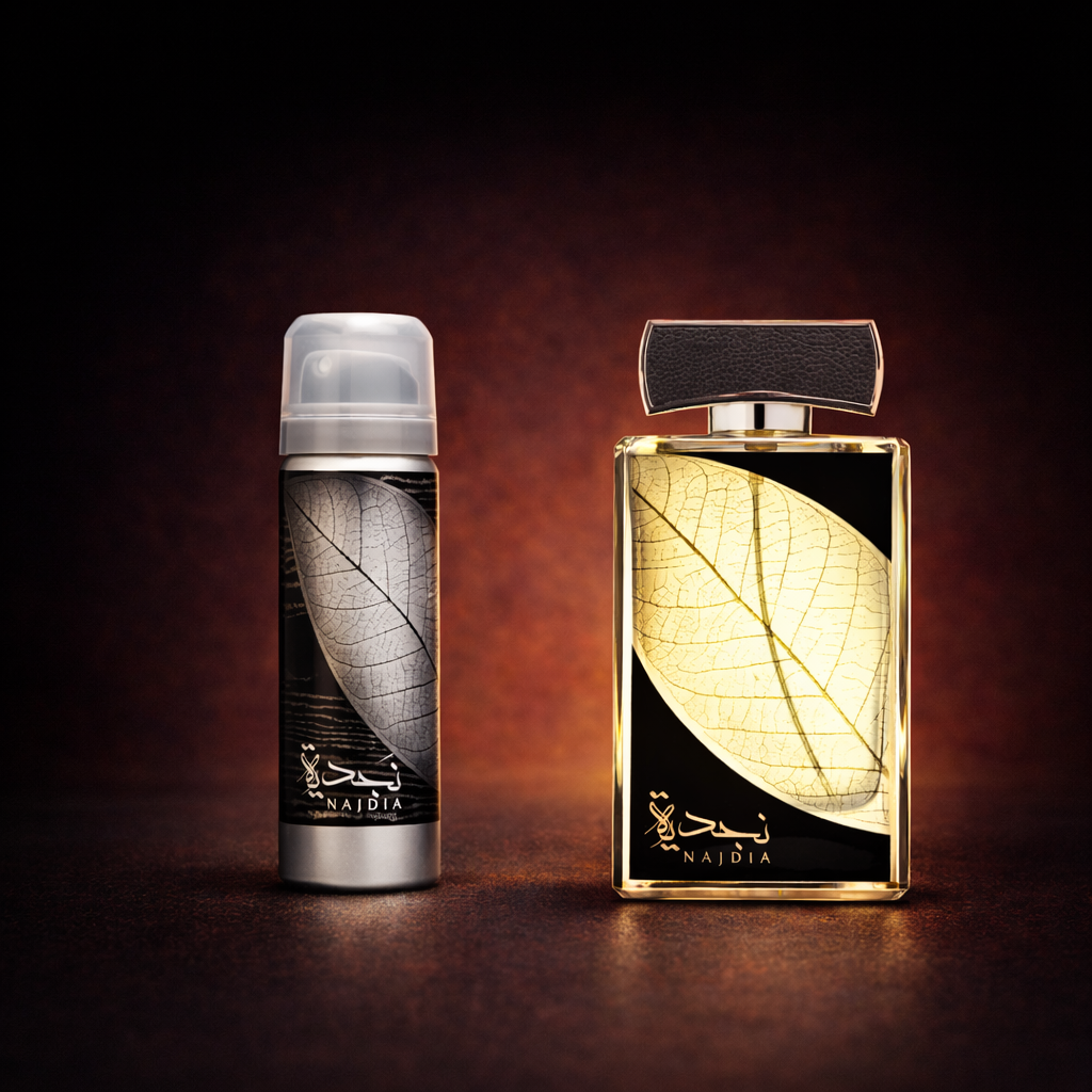 Lattafa Najdia Eau de Parfum 100 ml + Körperspray 50 ml Set für Herren – Langanhaltender orientalisch-holziger und würziger Duft – Arabisches Luxus-Kölnischwasser-Geschenkset