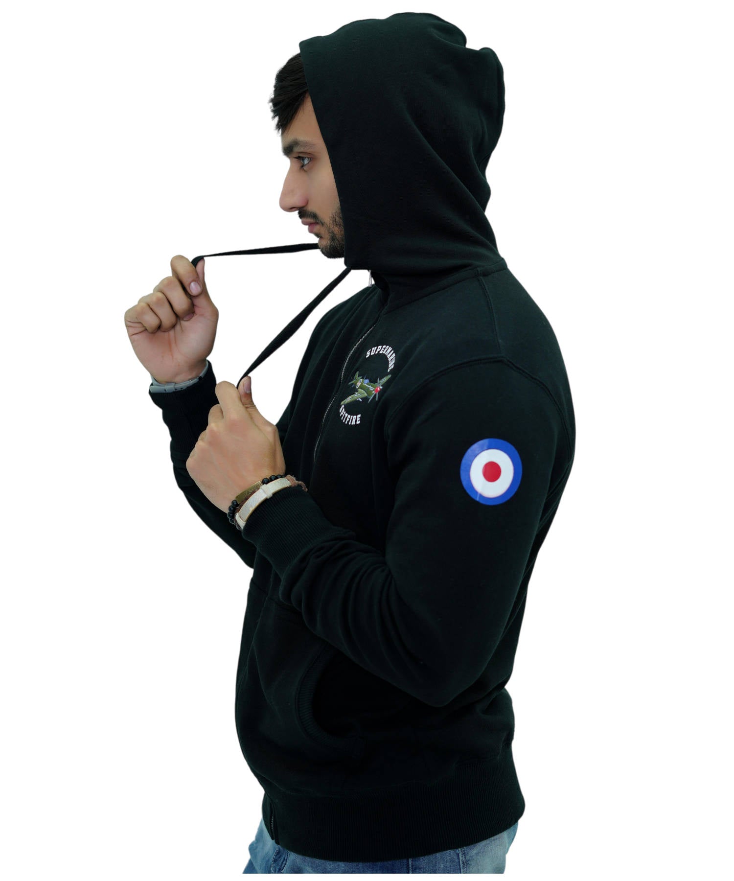Herren Hoodie Zipper Reglan Kapuzenjacke Sweatjacke Schwarz Supermarine