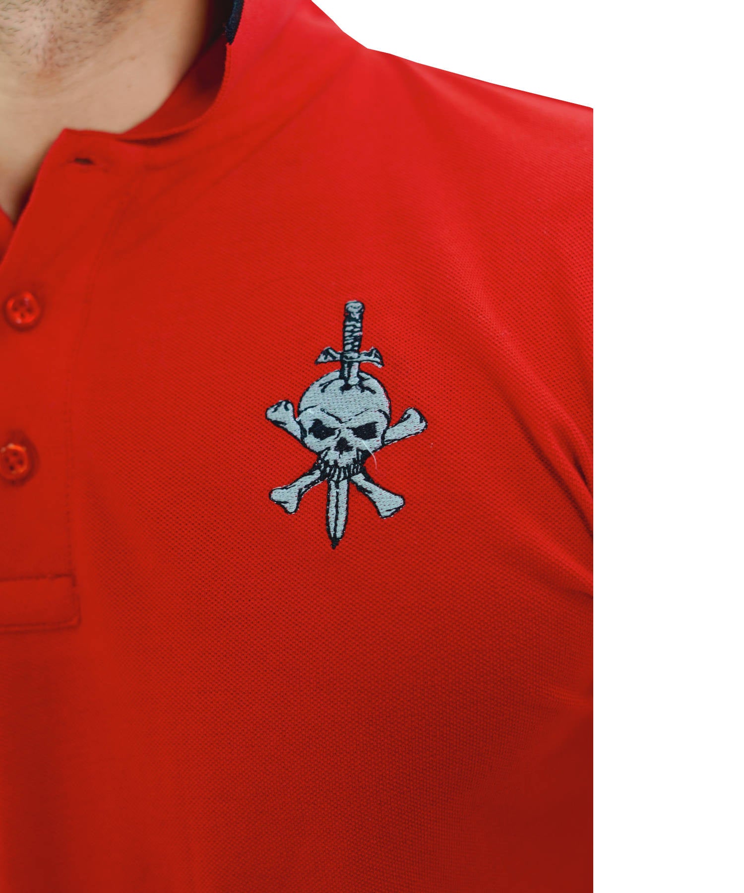 Herren Poloshirt Pique 100% Baumwolle Slim Fit Kurzarm Rot mit Schädel