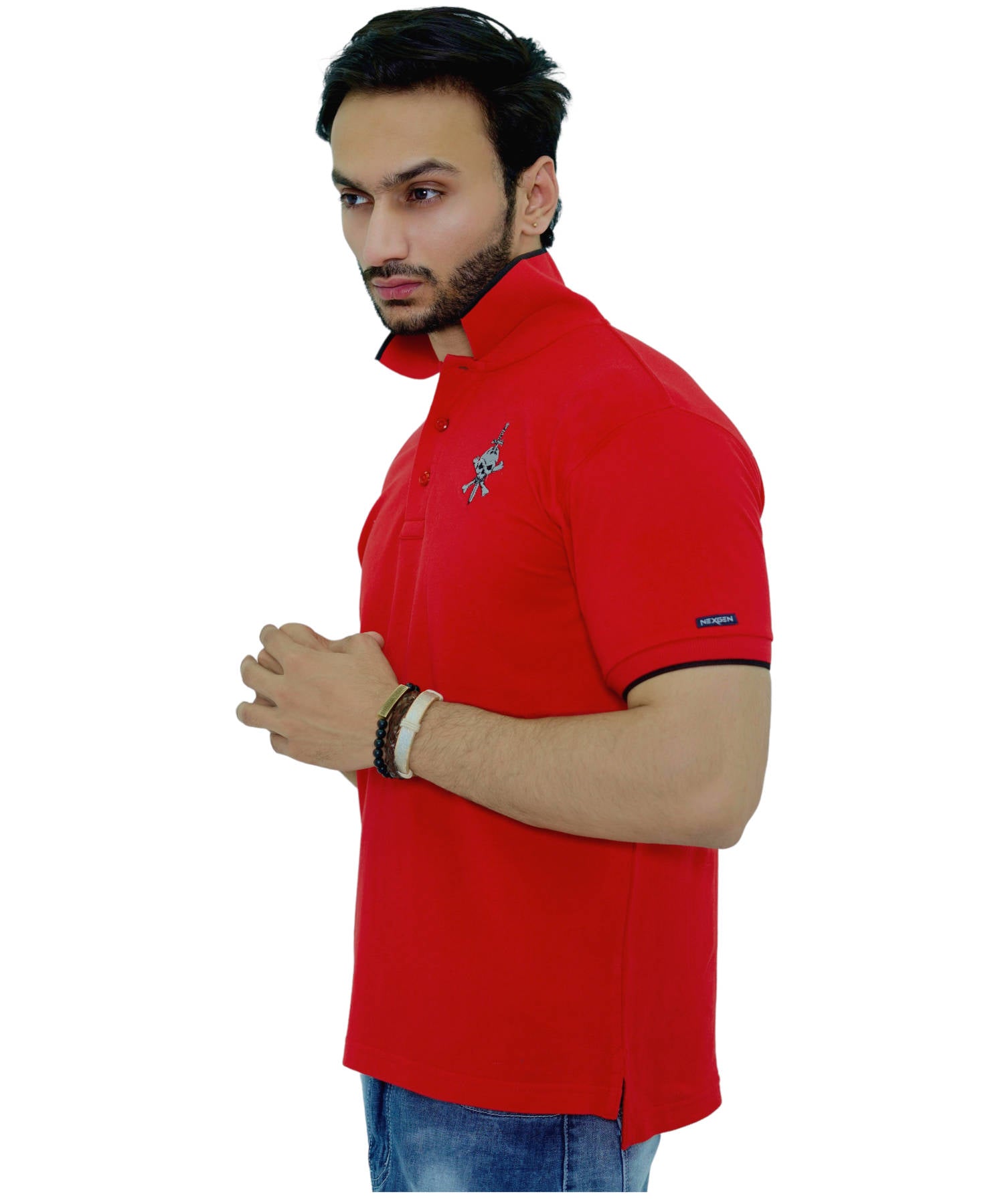 Herren Poloshirt Pique 100% Baumwolle Slim Fit Kurzarm Rot mit Schädel