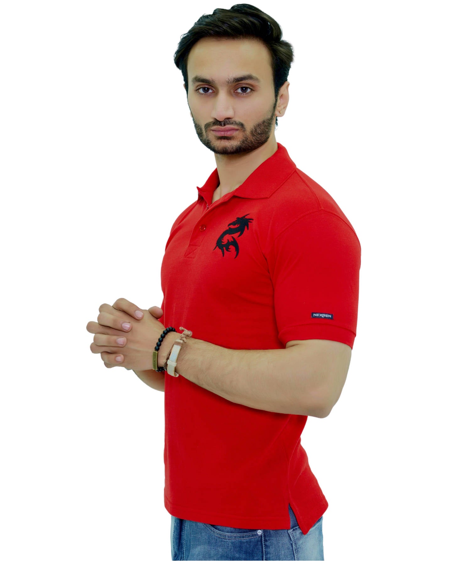 Herren Poloshirt Pique 100% Baumwolle Slim Fit Kurzarm Stickerei Rot mit Drachen