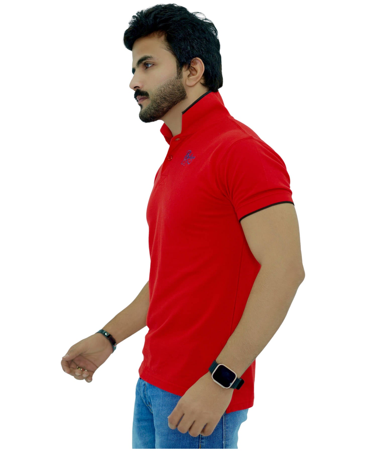Herren Poloshirt Pique 100% Baumwolle Slim Fit Kurzarm Stickerei Rot mit Believe