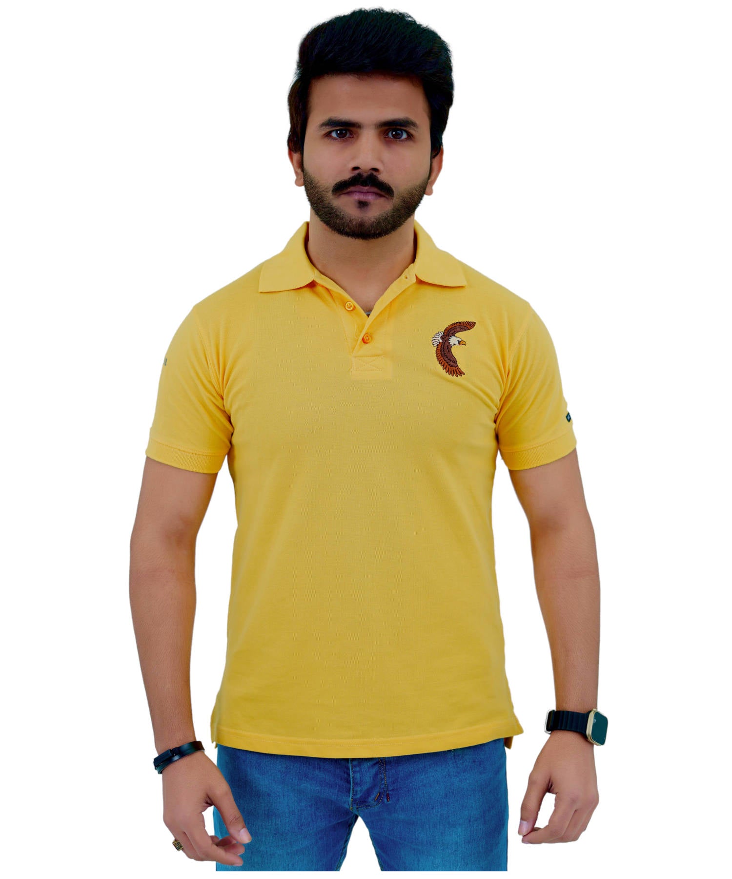 Herren Poloshirt Pique 100% Baumwolle Slim Fit Kurzarm Stickerei Gelb mit Adler