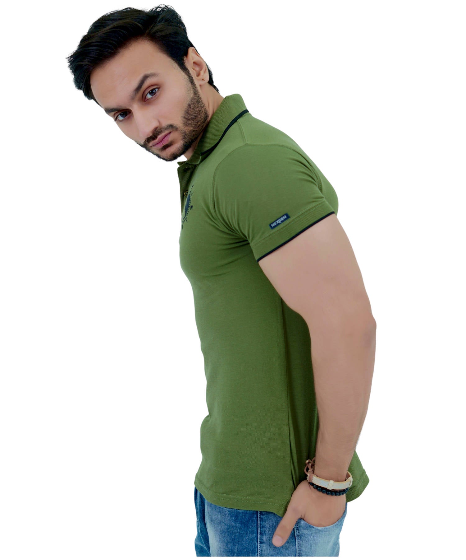 Herren Poloshirt Pique 100% Baumwolle Slim Fit Kurzarm Stickerei Armeegrün Bergsteiger
