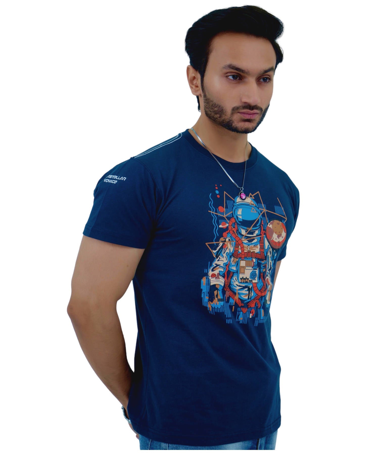 Men's T-Shirt Jersey Slim Fit Short Sleeve Print Navy Astronaut 100% Cotton