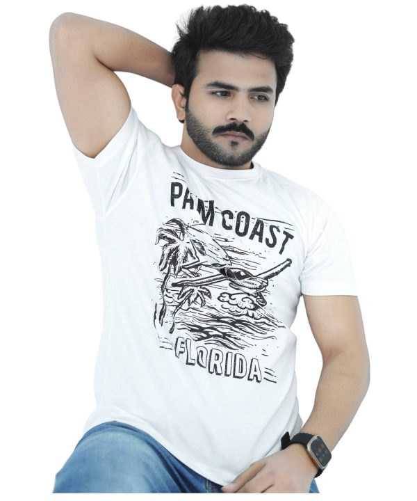 Men's T-Shirt Jersey 100% Cotton Slim Fit Short Sleeve Print White with Palm Coast
