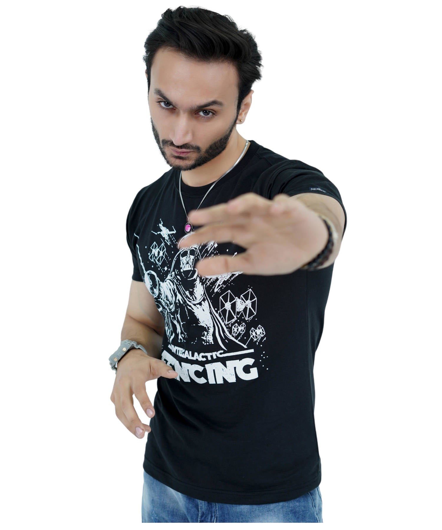 Men's T-Shirt Jersey 100% Cotton Slim Fit Short Sleeve Print Black with Intergalactic Fencing