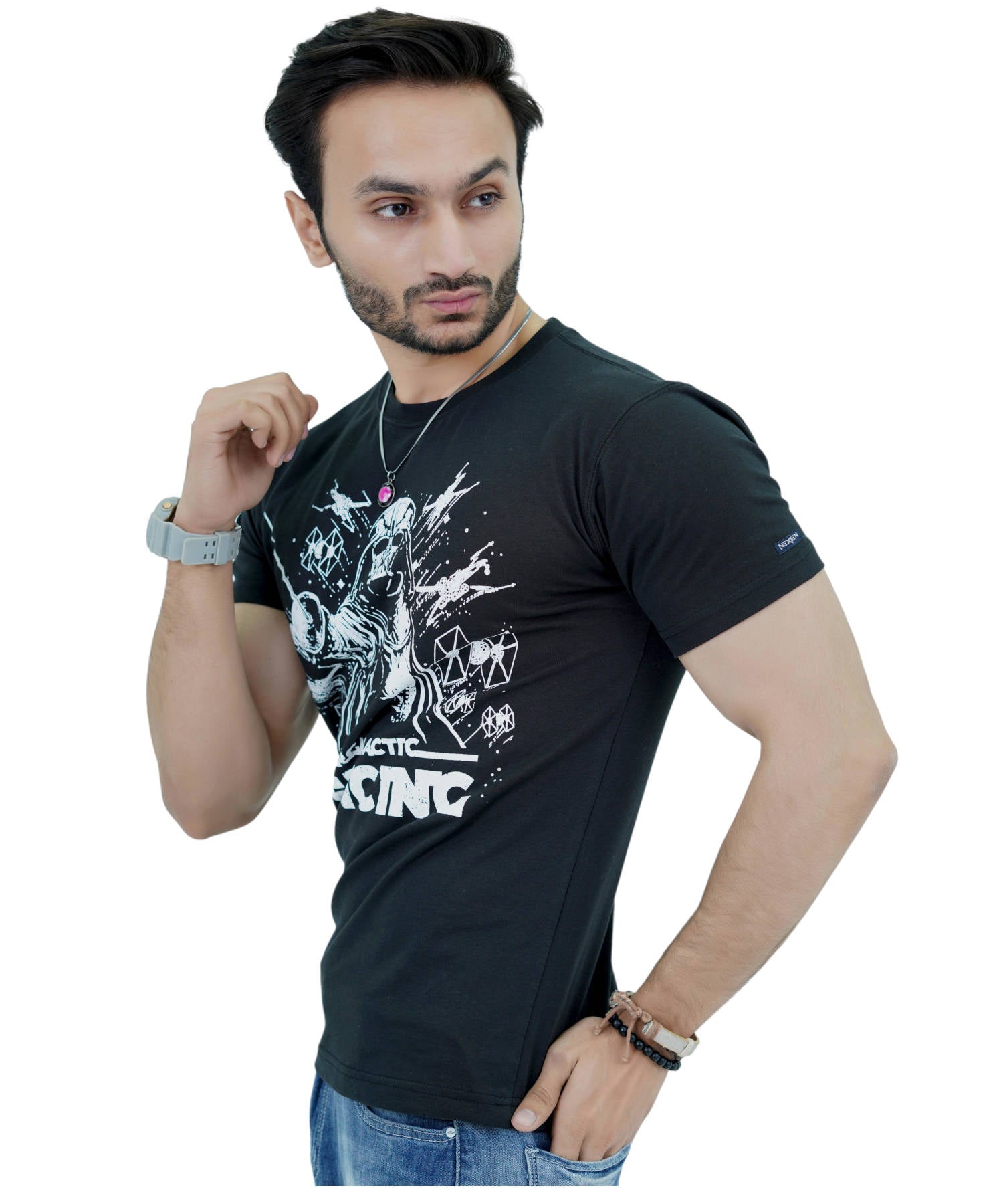 Men's T-Shirt Jersey 100% Cotton Slim Fit Short Sleeve Print Black with Intergalactic Fencing