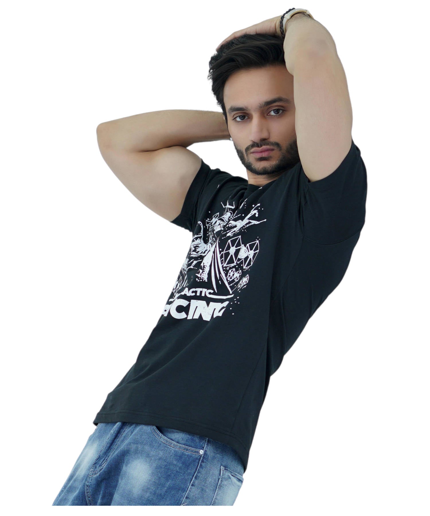 Men's T-Shirt Jersey 100% Cotton Slim Fit Short Sleeve Print Black with Intergalactic Fencing