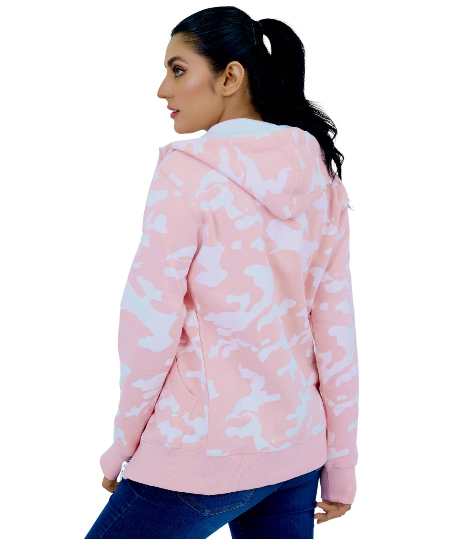 Women's Fleece Hoodie Pullover Sweatshirt Jacket Zipper High Collar Pink