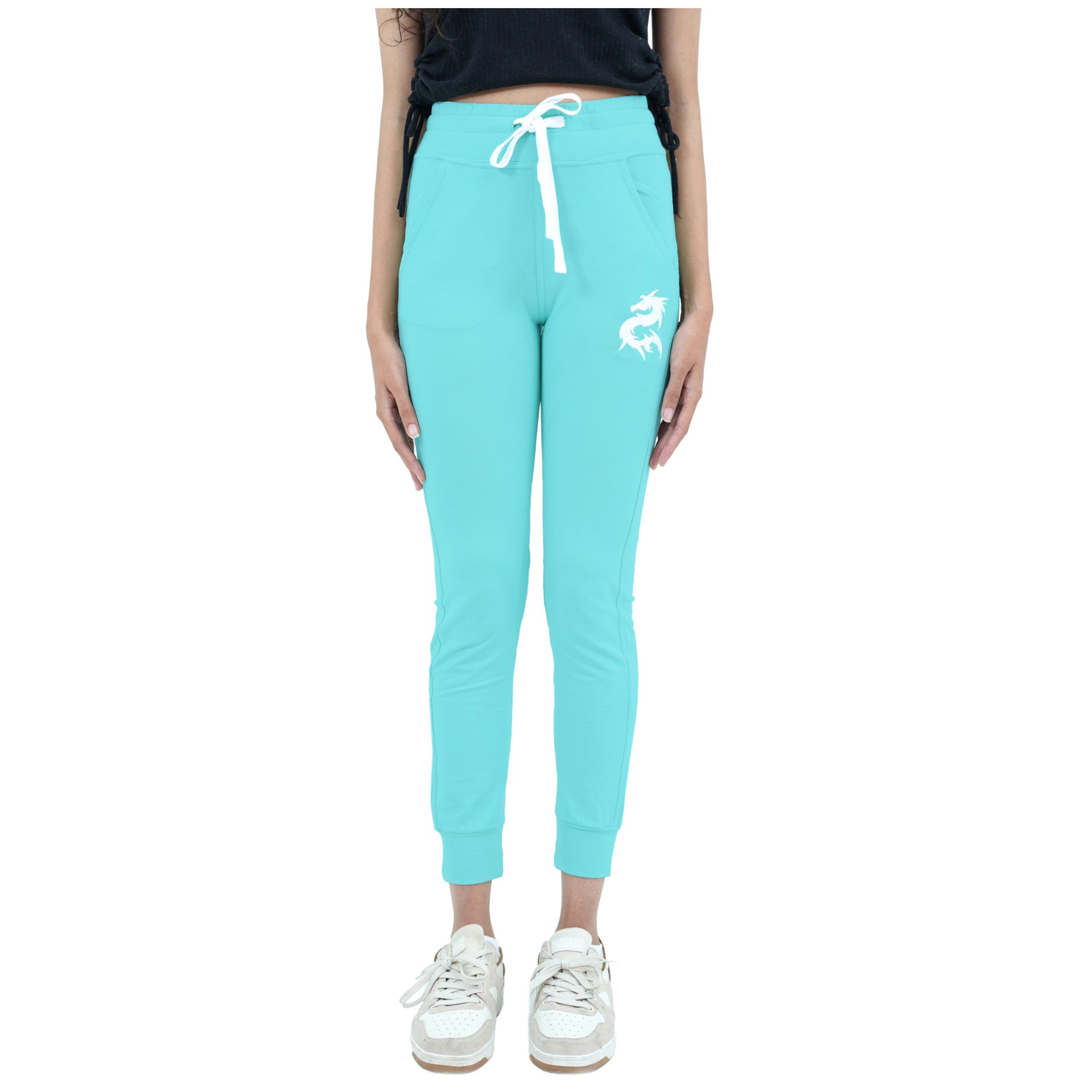 Damen Jogginghose Türkisgrün mit Stickerei aus Baumwolle Slim Fit