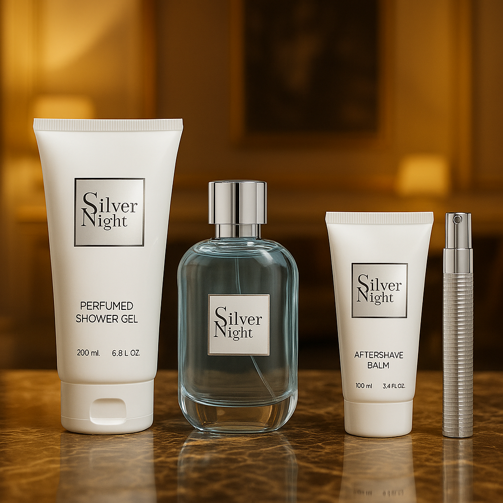 Pflege-Geschenkset Silver Night 4-tlg. Herren Duftset: EdP, Duschgel, Aftershave