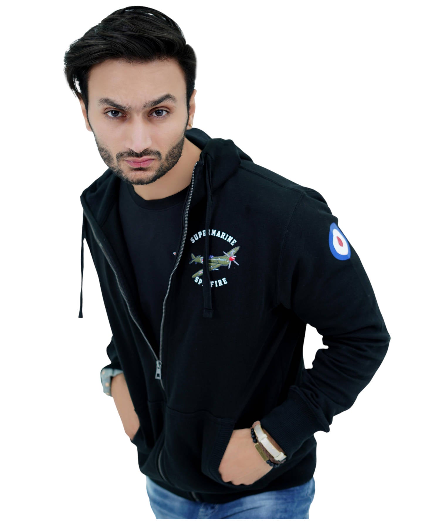 Herren Hoodie Zipper Reglan Kapuzenjacke Sweatjacke Schwarz Supermarine