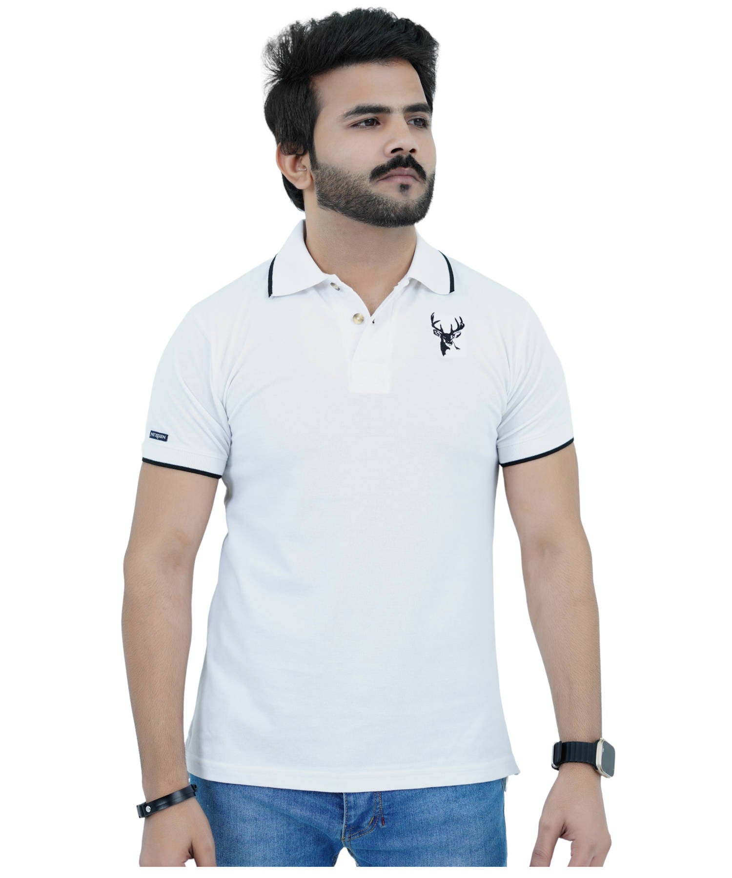 Herren Poloshirt Pique 100% Baumwolle Slim Fit Kurzarm Stickerei Weiss mit Reh