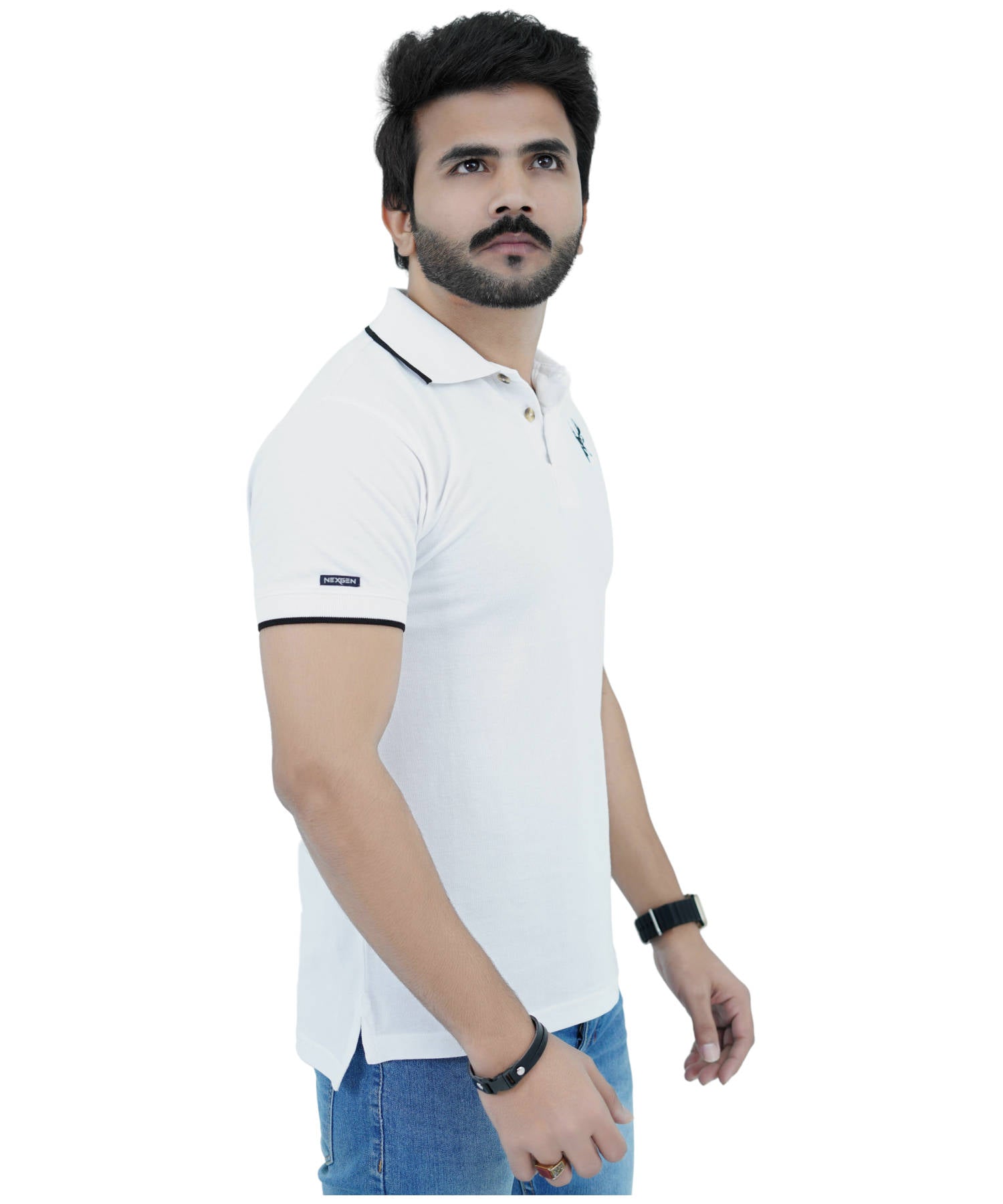 Men's Polo Shirt Pique 100% Cotton Slim Fit Short Sleeve Embroidery White with Deer