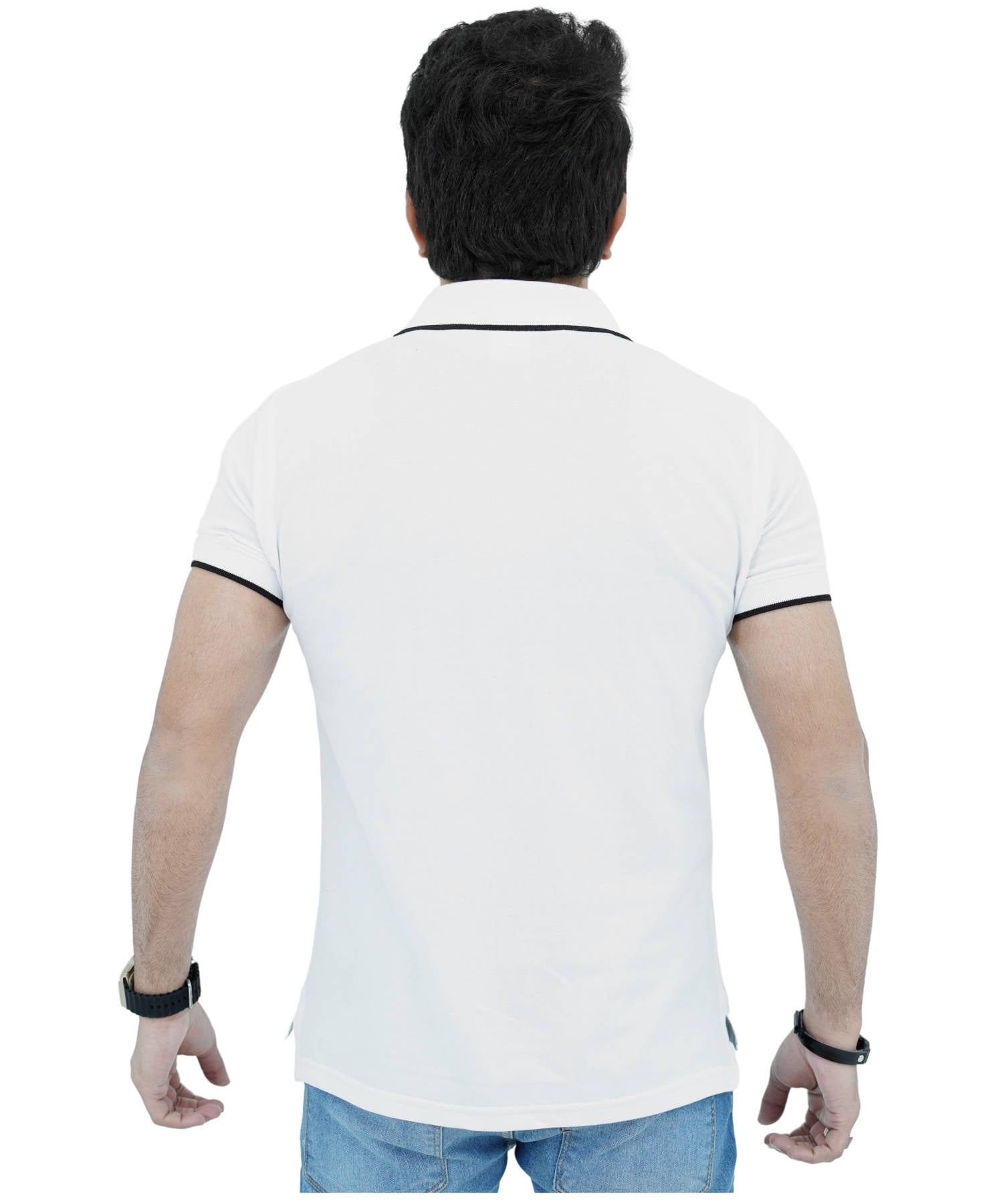 Men's Polo Shirt Pique 100% Cotton Slim Fit Short Sleeve Embroidery White with Deer