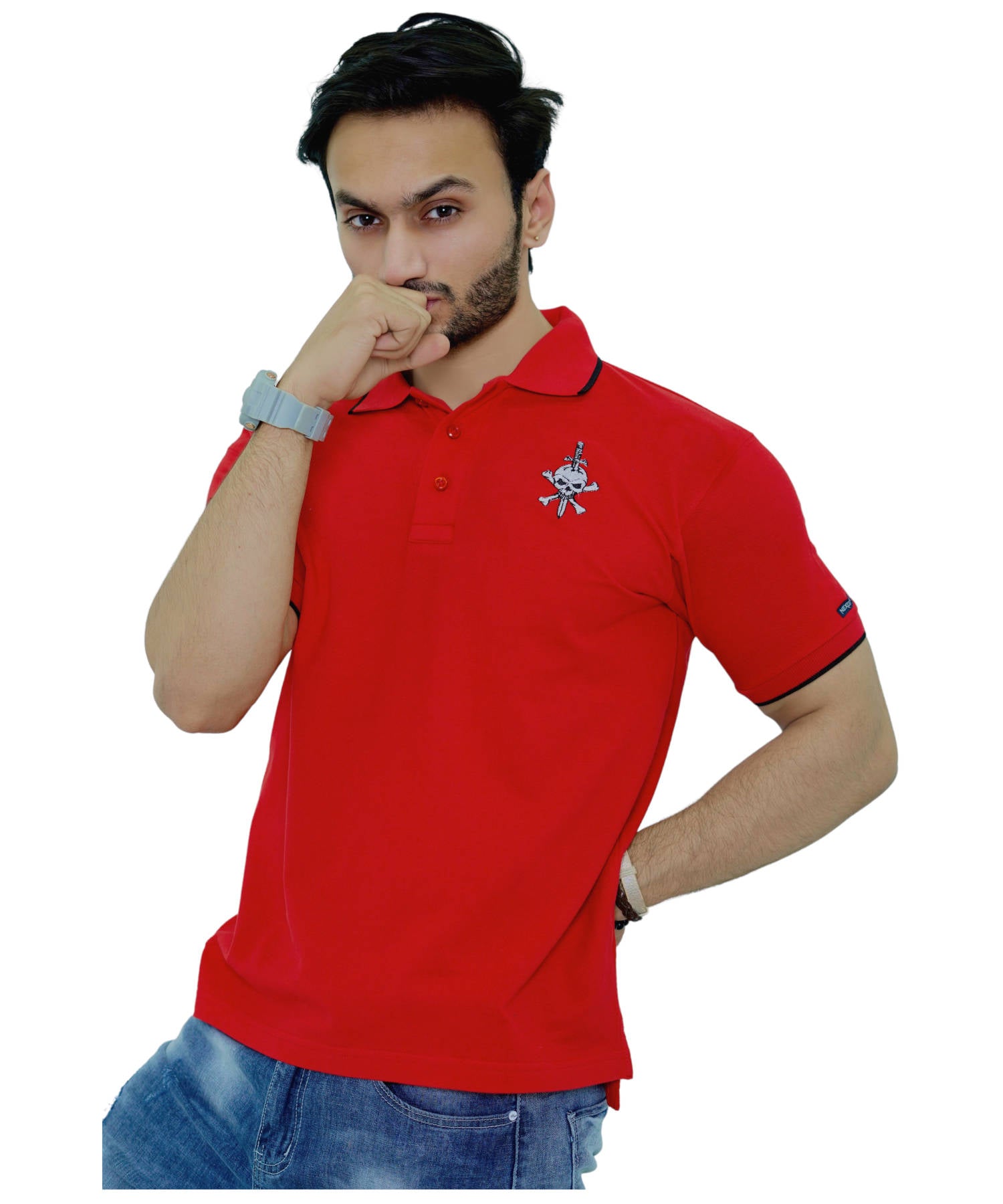 Herren Poloshirt Pique 100% Baumwolle Slim Fit Kurzarm Rot mit Schädel