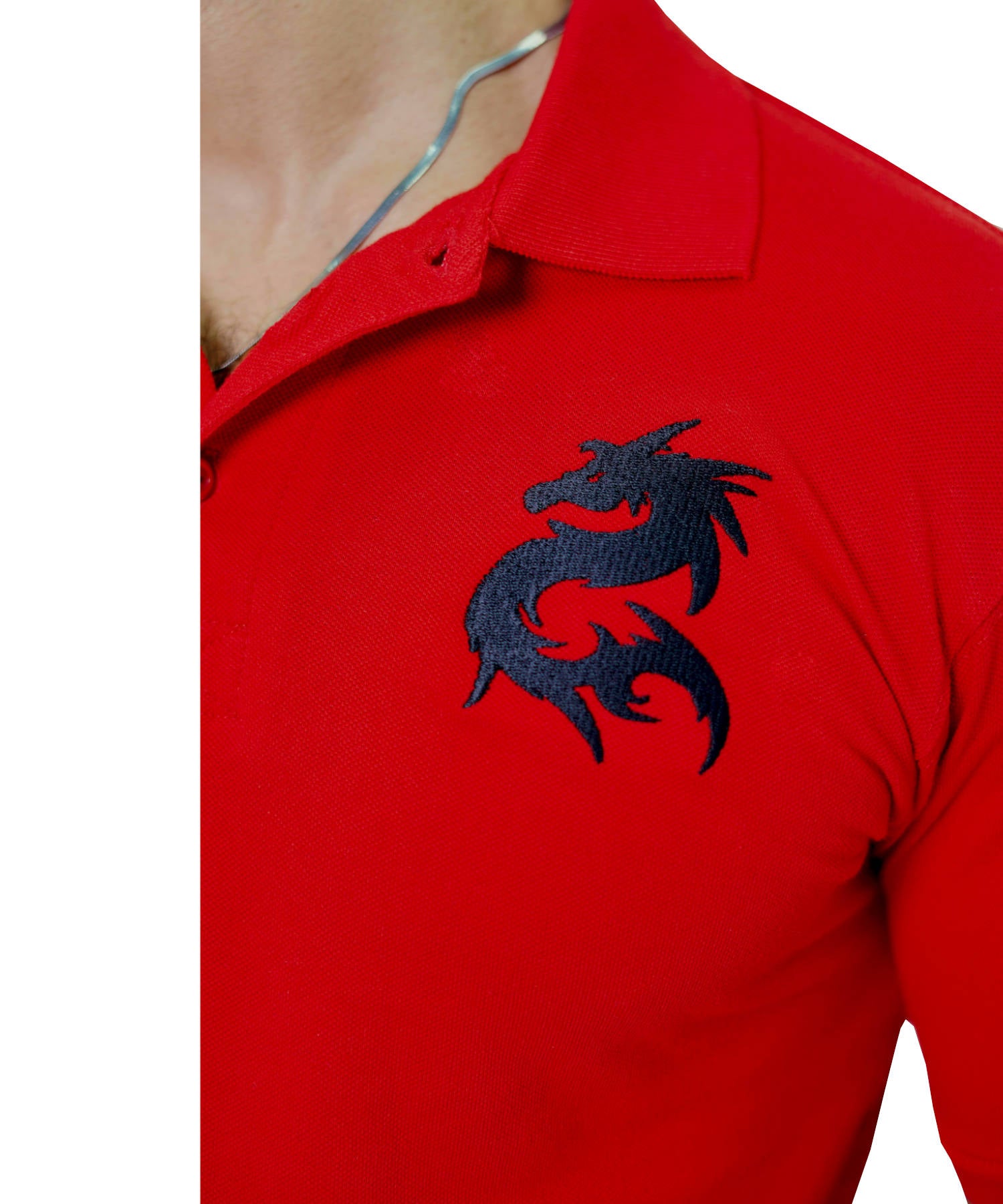 Herren Poloshirt Pique 100% Baumwolle Slim Fit Kurzarm Stickerei Rot mit Drachen
