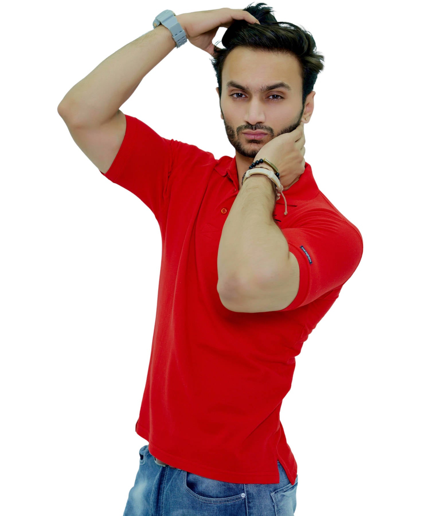 Men's Polo Shirt Pique 100% Cotton Slim Fit Short Sleeve Embroidery Red with Dragon