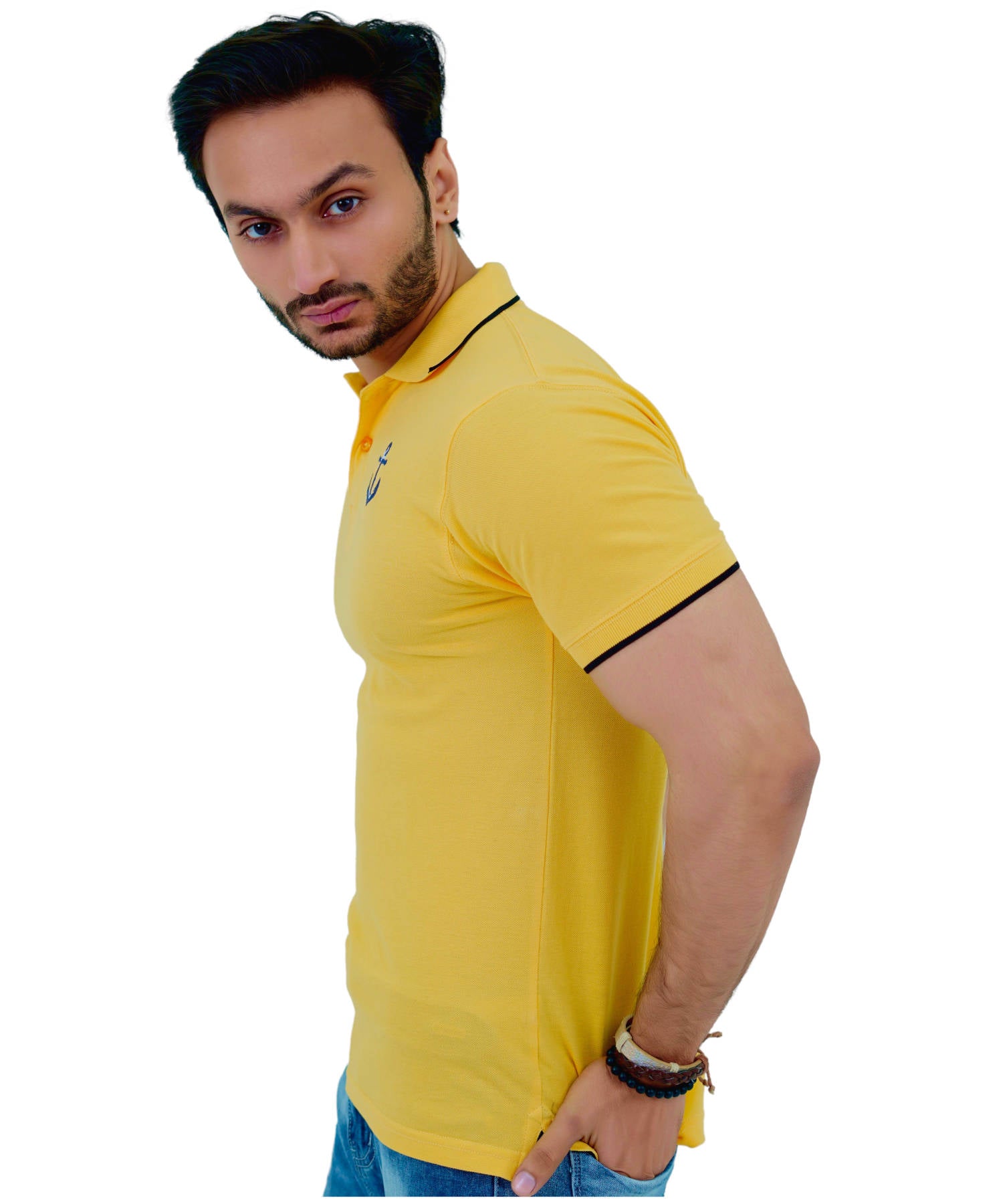 Men's Polo Shirt Pique 100% Cotton Slim Fit Short Sleeve Embroidery Yellow with Anchor