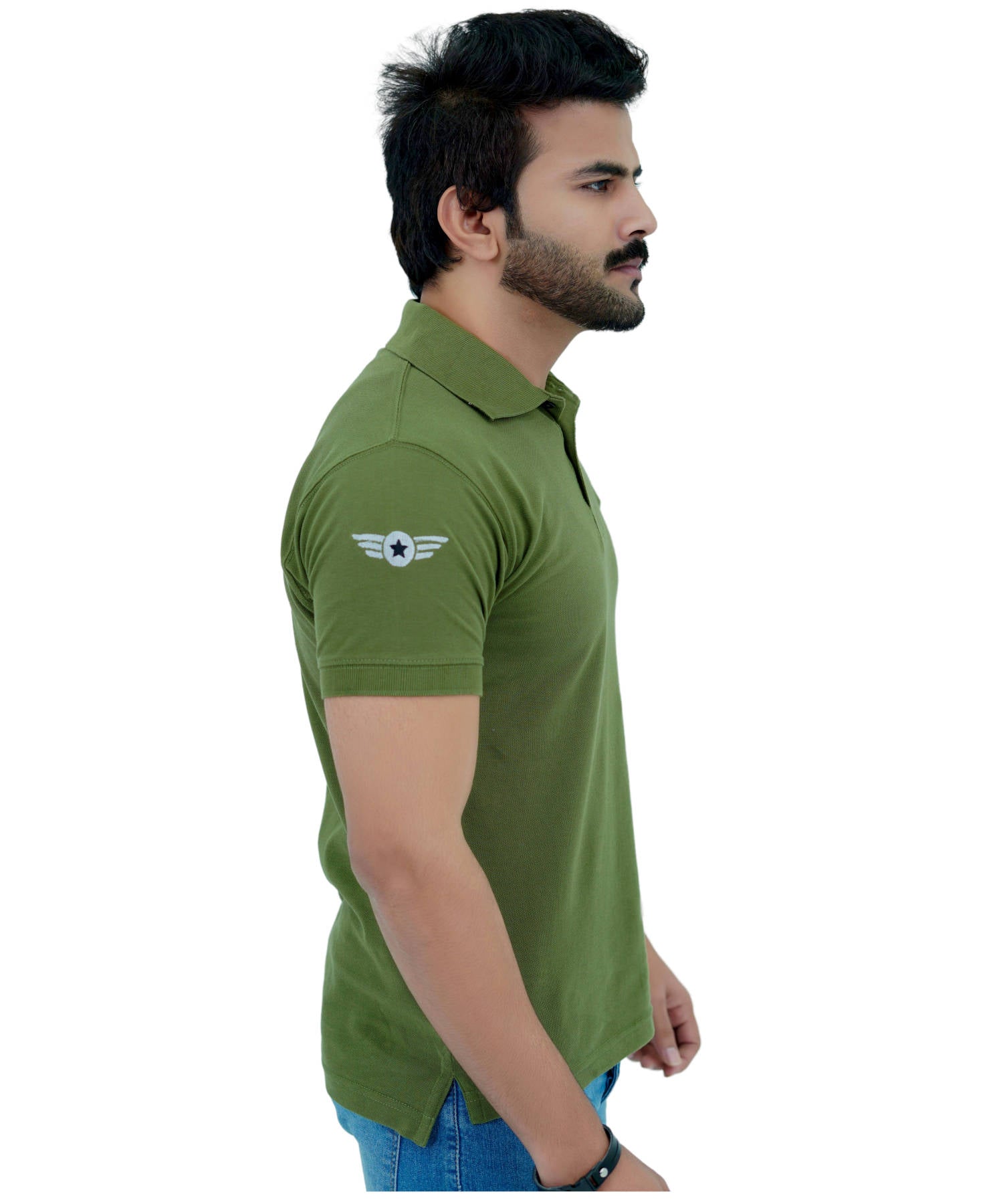 Men's Pique Polo Shirt 100% Cotton Slim Fit Short Sleeve Embroidery Army Green Adventure Awaits