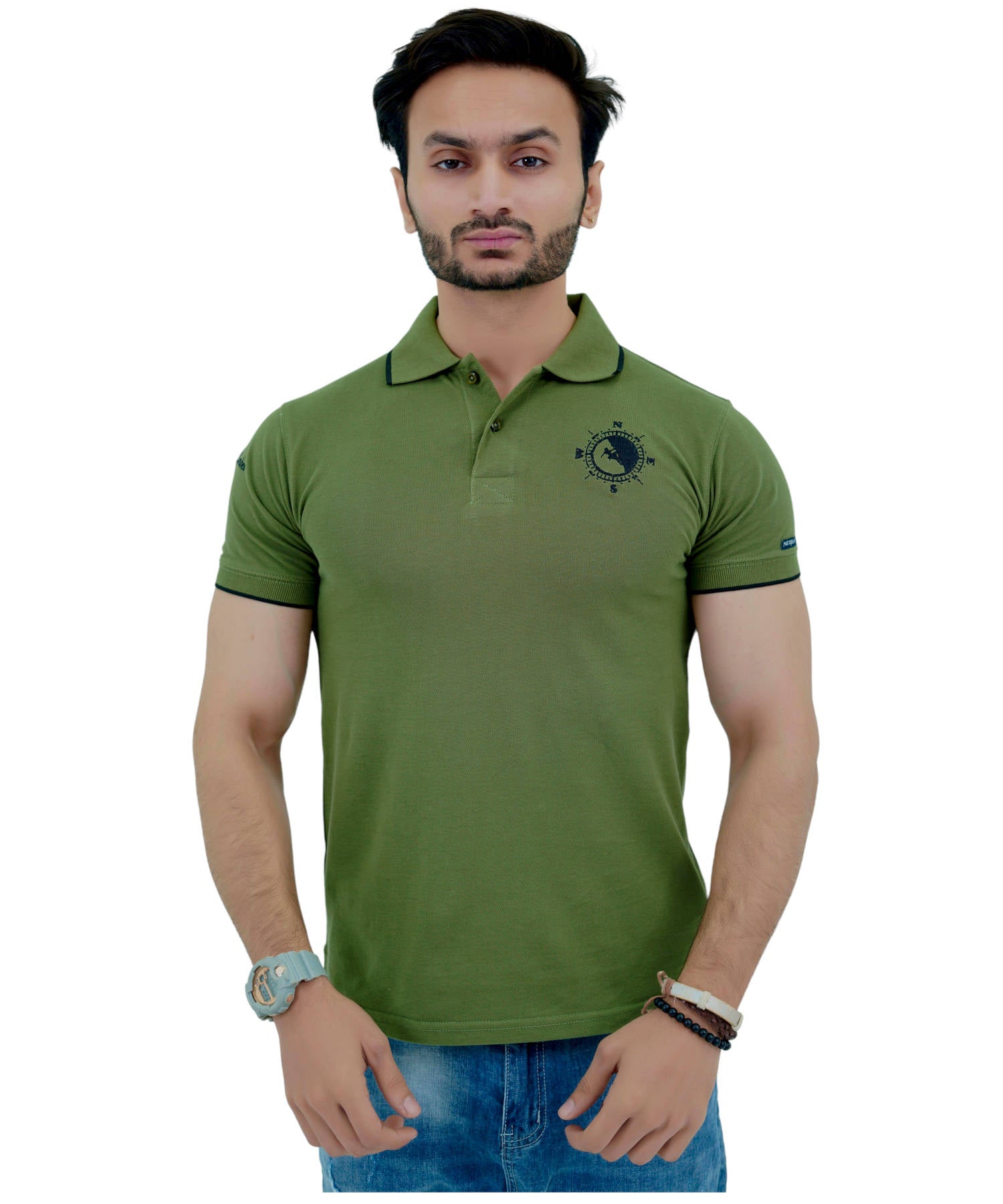 Herren Poloshirt Pique 100% Baumwolle Slim Fit Kurzarm Stickerei Armeegrün Bergsteiger