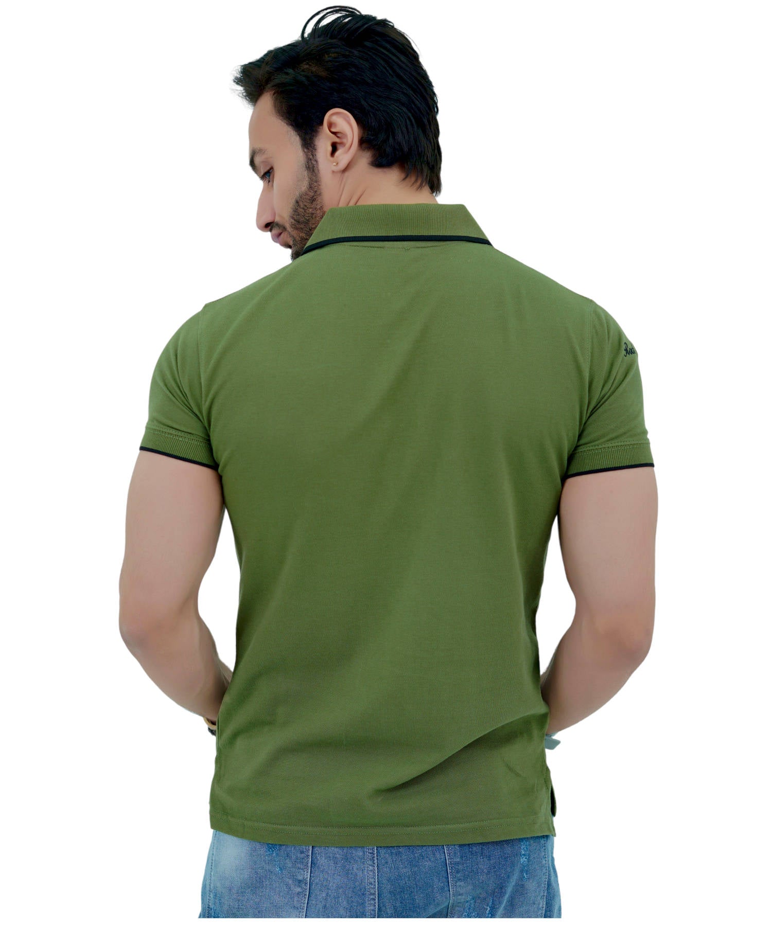 Men's Pique Polo Shirt 100% Cotton Slim Fit Short Sleeve Embroidery Army Green Mountaineer