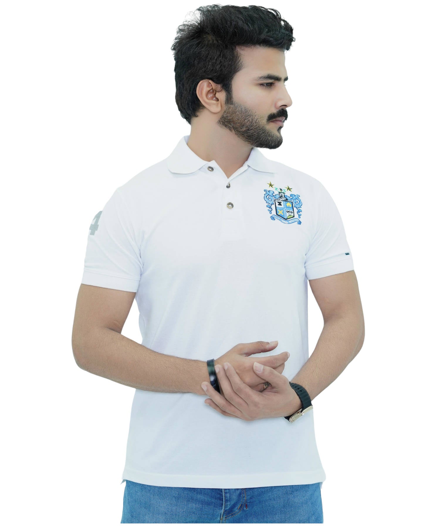 Men's Polo Shirt Pique 100% Cotton Slim Fit Short Sleeve Embroidered White with Football Club