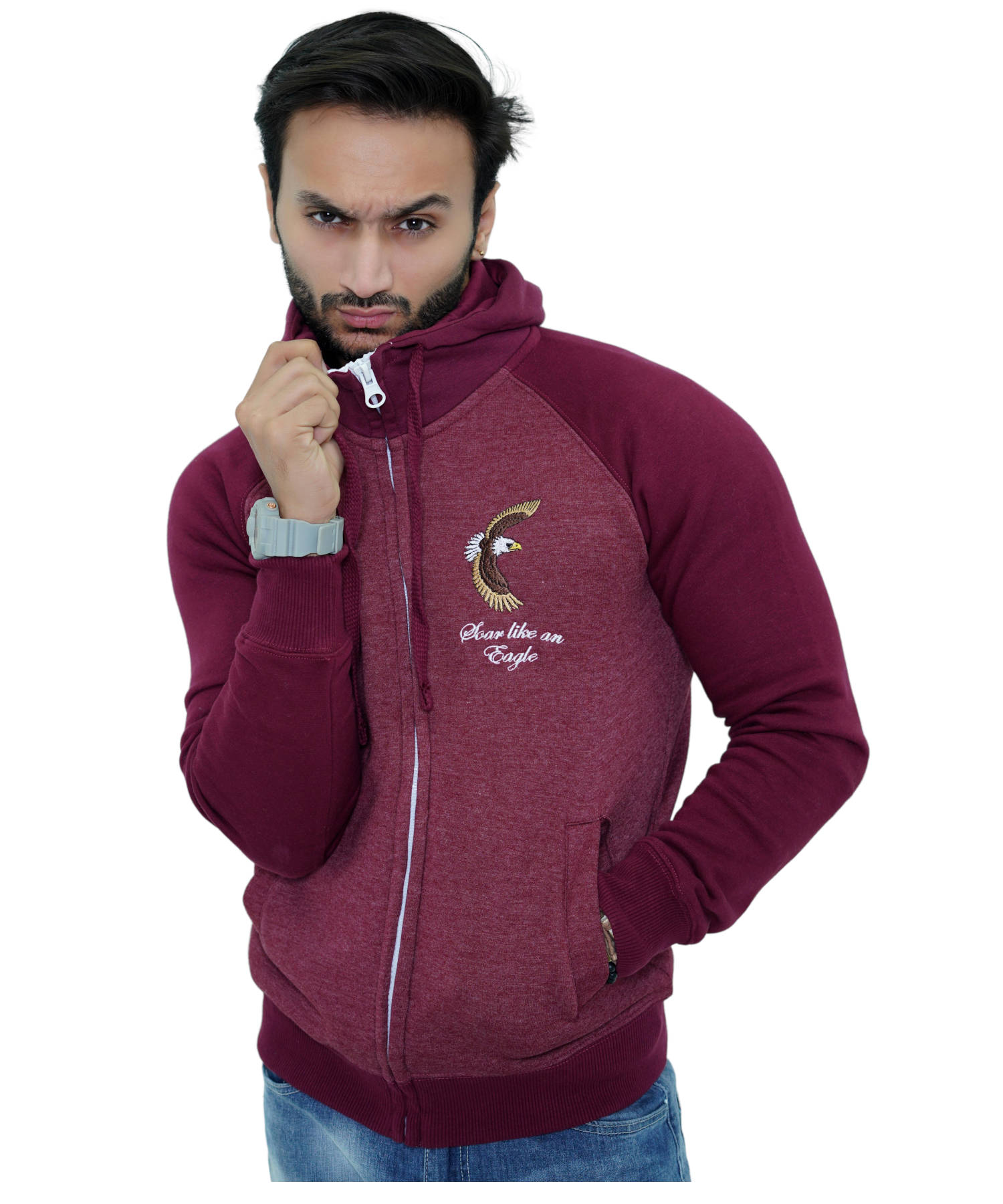 Herren Hoodie Zipper Reglan Kapuzenjacke mit Stickerei