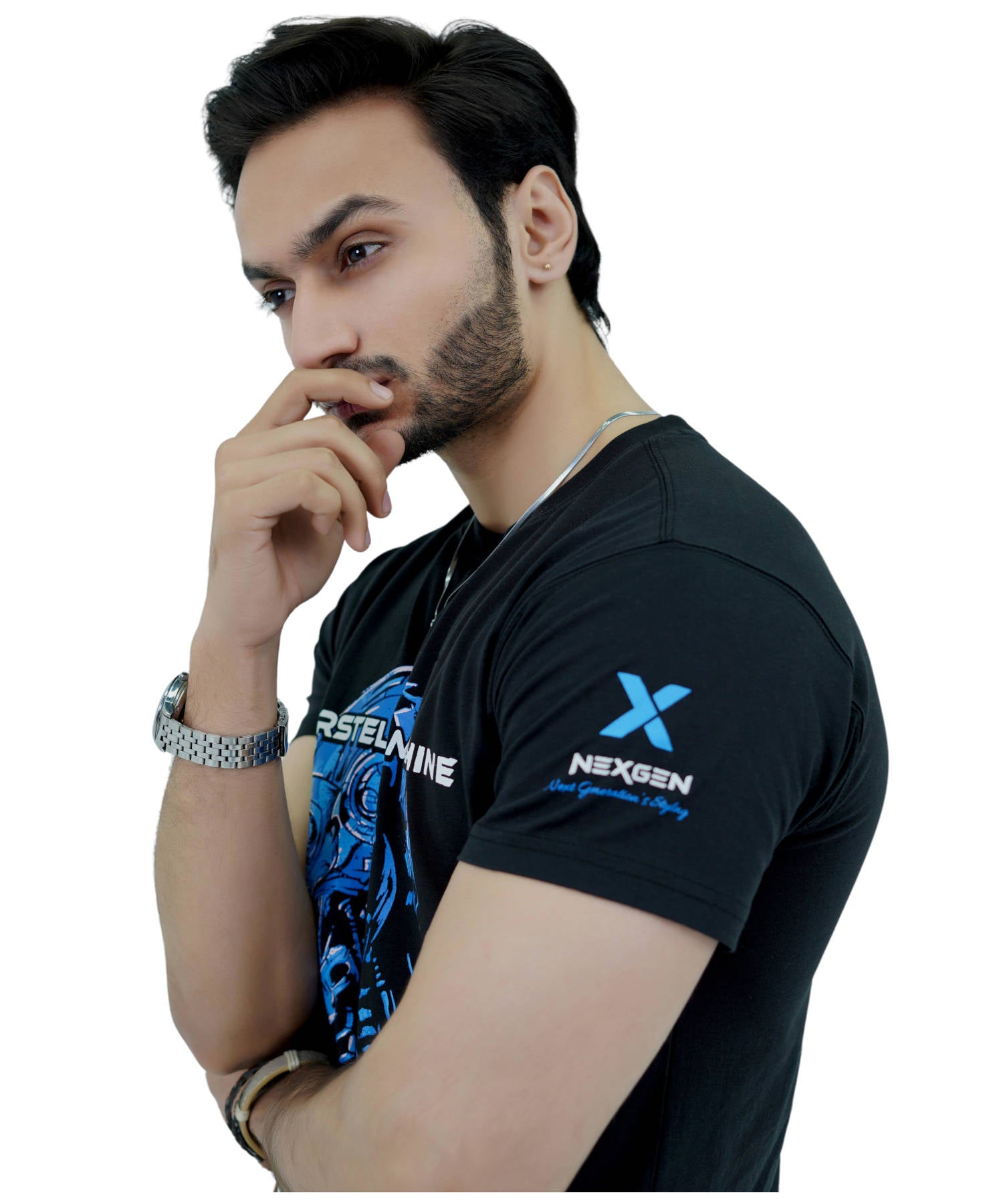Men's T-Shirt Jersey 100% Cotton Slim Fit Short Sleeve Print Black with Interstellar Machine