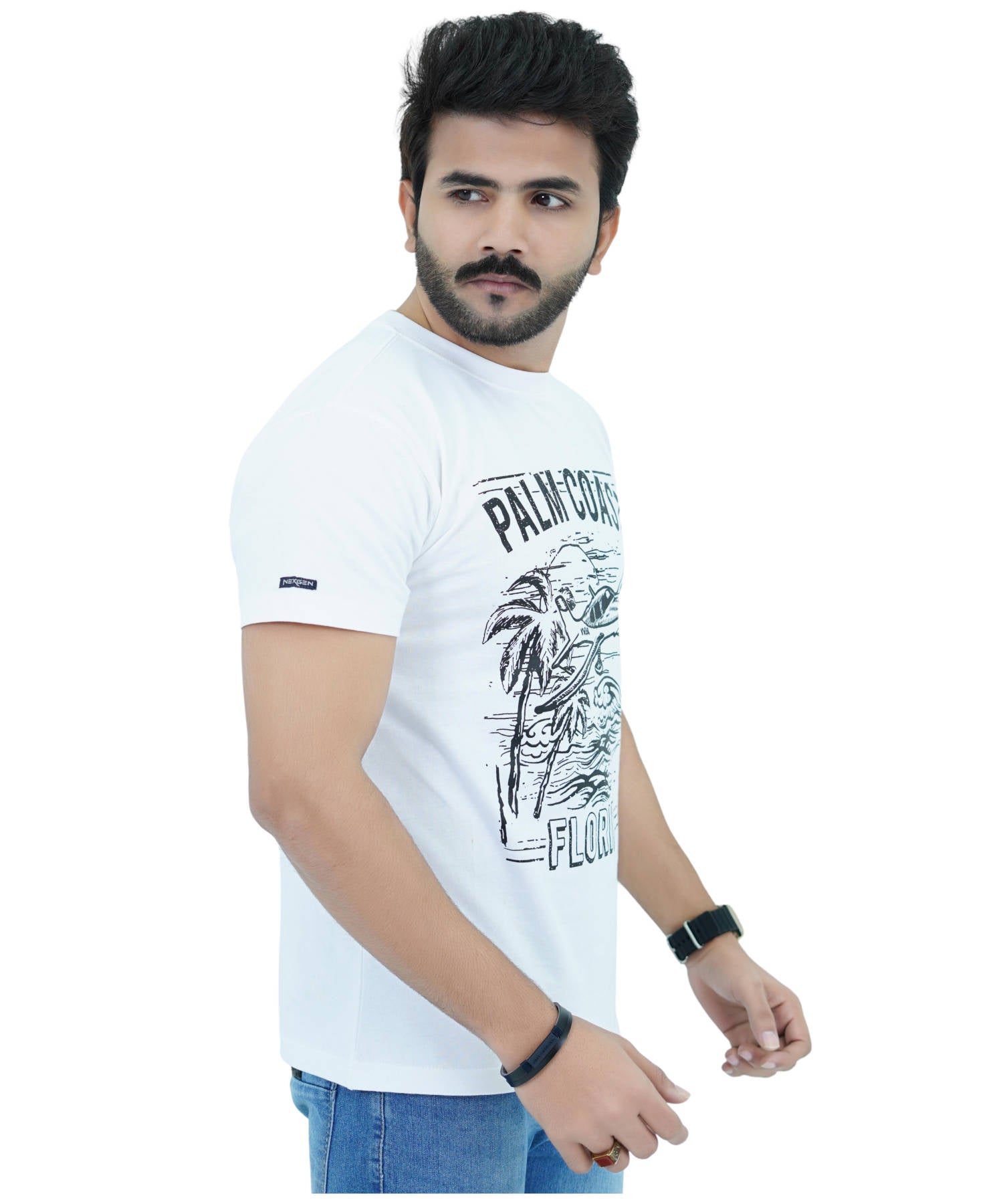Men's T-Shirt Jersey 100% Cotton Slim Fit Short Sleeve Print White with Palm Coast