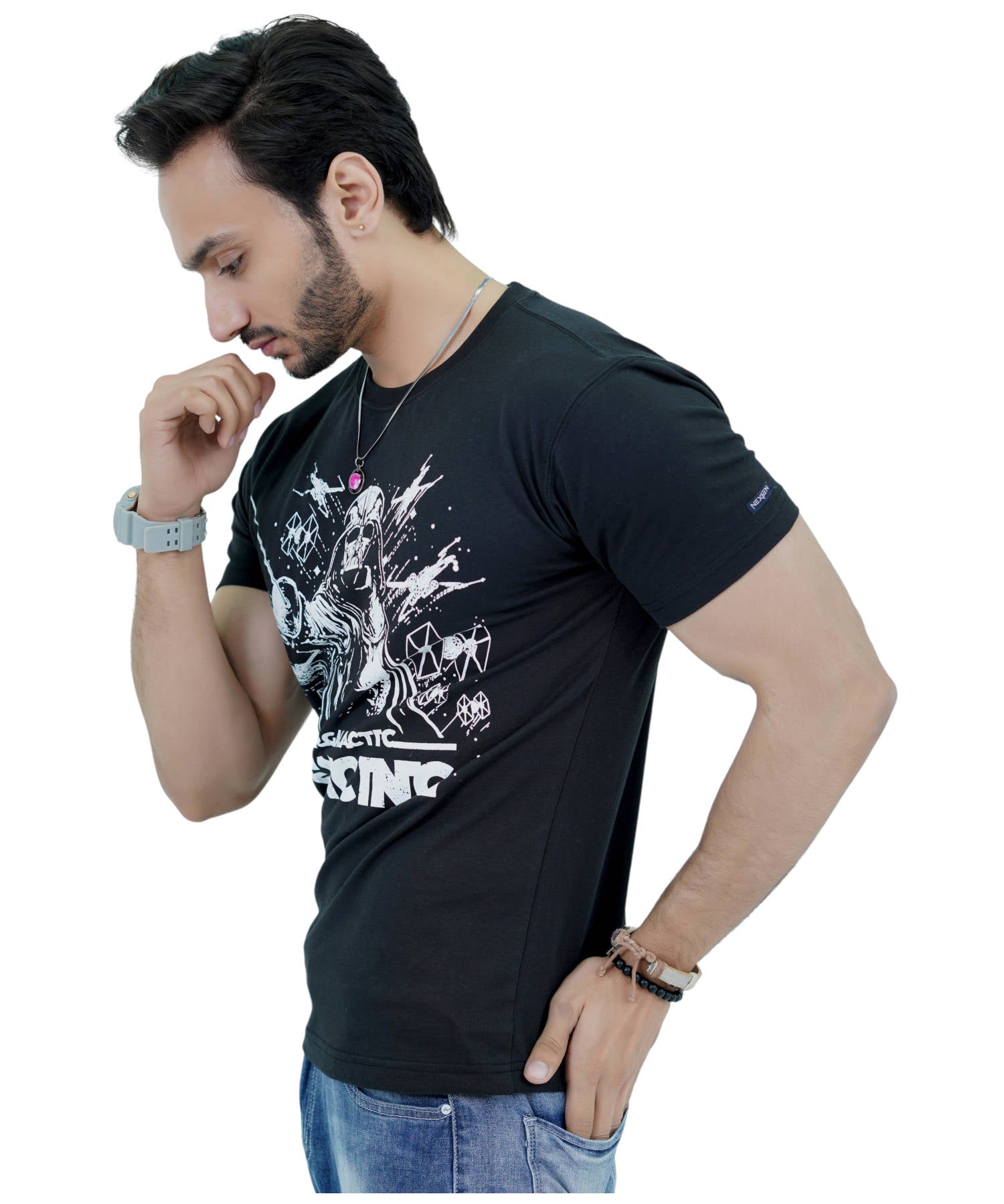 Men's T-Shirt Jersey 100% Cotton Slim Fit Short Sleeve Print Black with Intergalactic Fencing