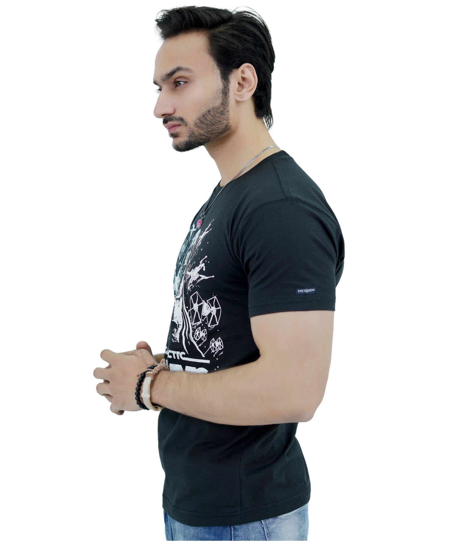 Men's T-Shirt Jersey 100% Cotton Slim Fit Short Sleeve Print Black with Intergalactic Fencing