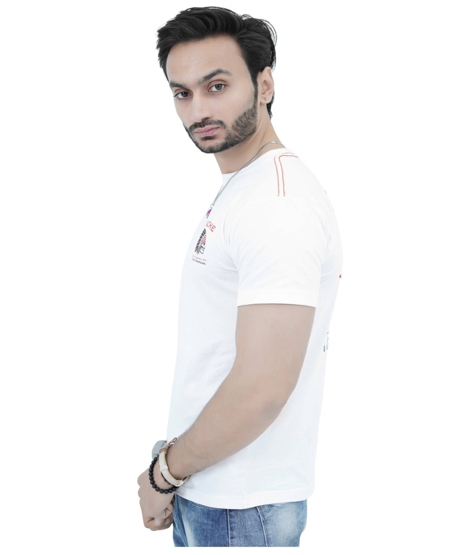 Men's T-Shirt Jersey 100% Cotton Slim Fit Short Sleeve Print White with Apache