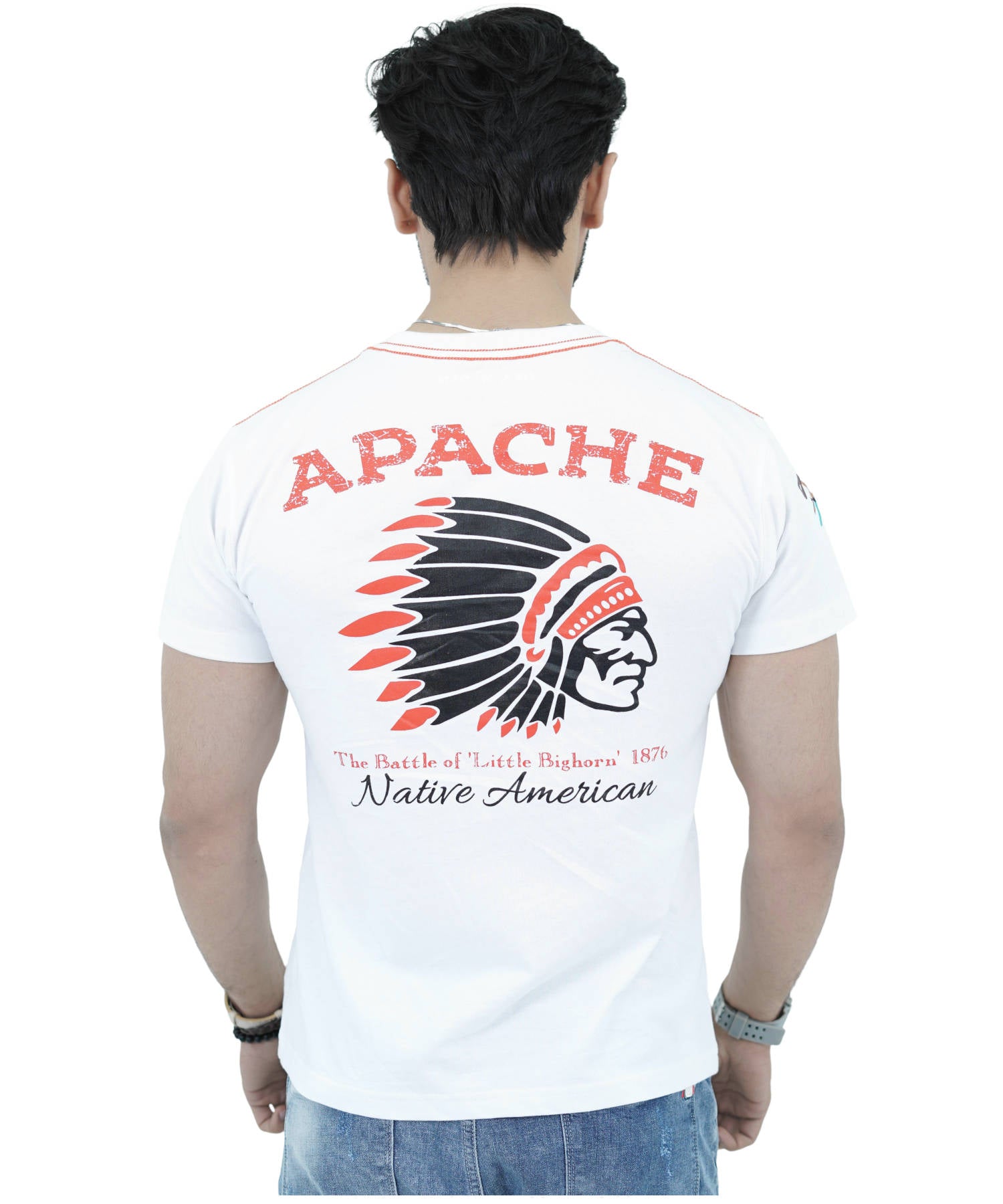 Men's T-Shirt Jersey 100% Cotton Slim Fit Short Sleeve Print White with Apache