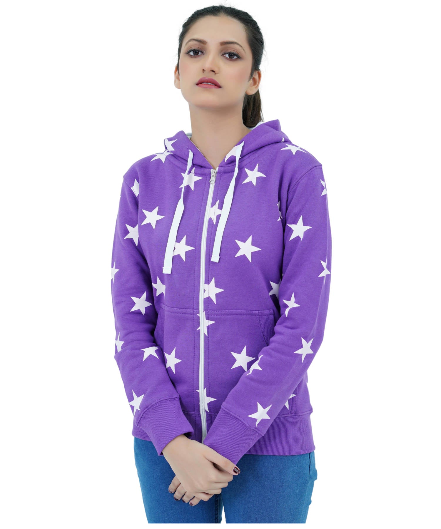 Damen Fleece Hoodie Pulli Kapuzenpullover Sweatjacke Lila Reißverschluss