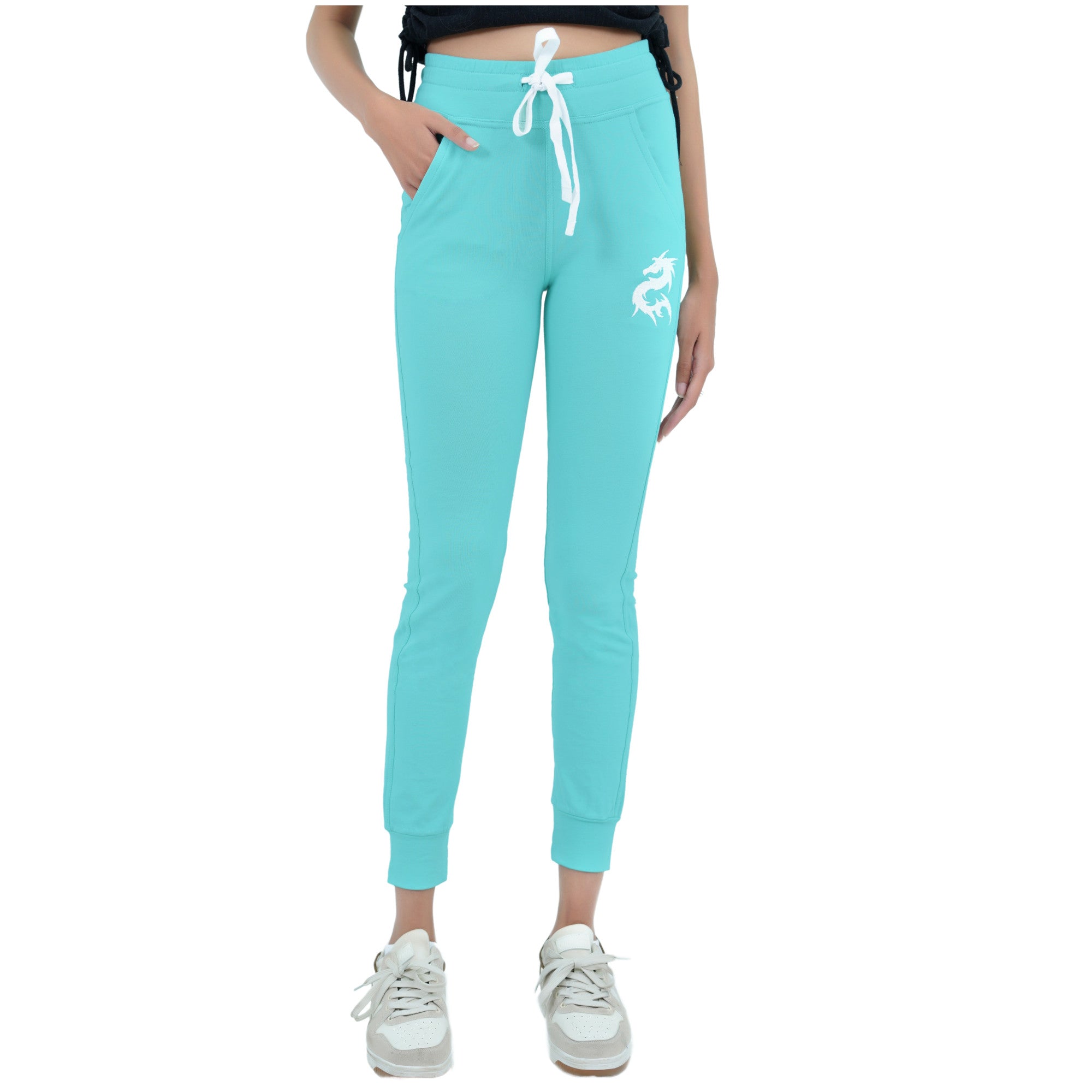 Damen Jogginghose Türkisgrün mit Stickerei aus Baumwolle Slim Fit