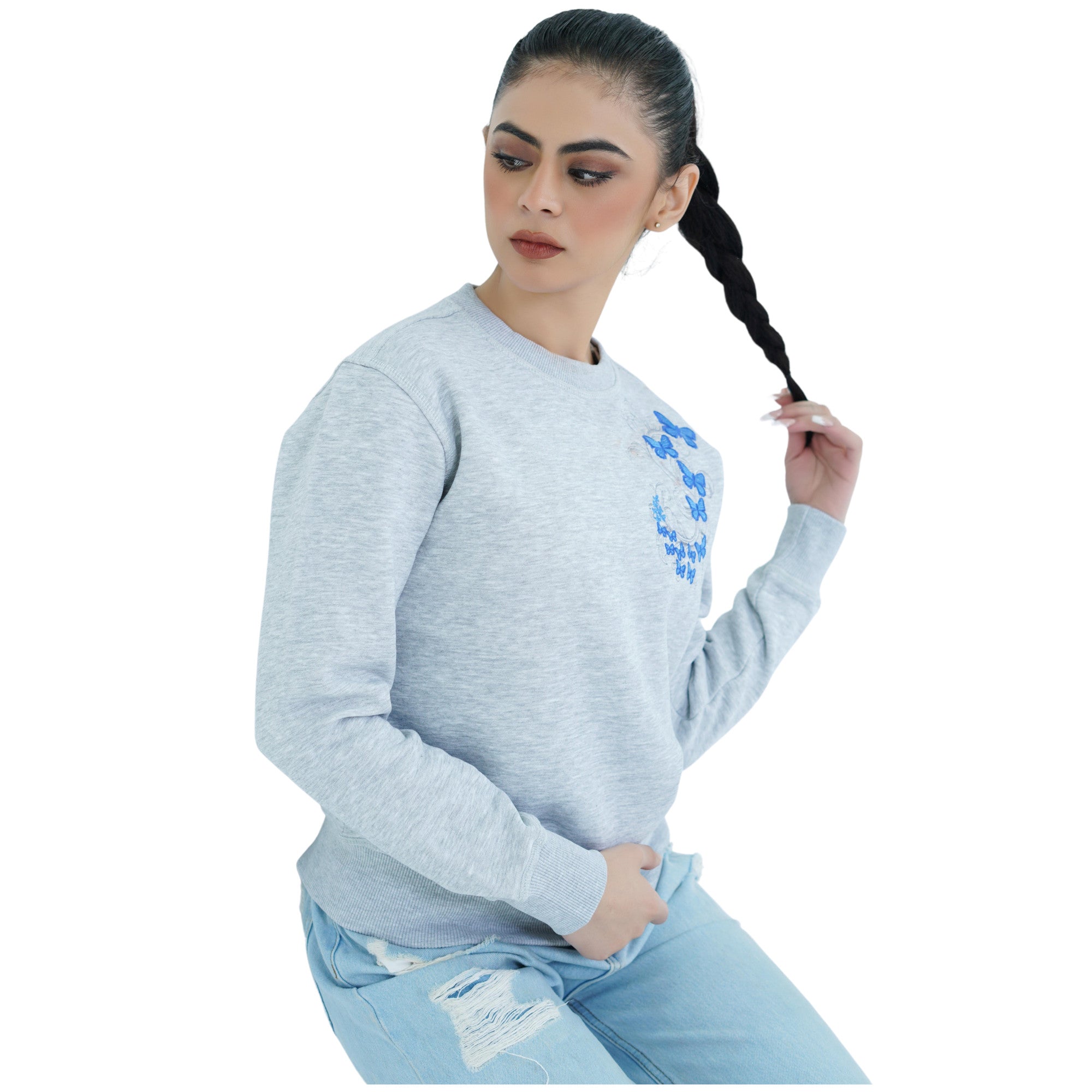Damen Swearshirt Pullover Grau mit Stickerei