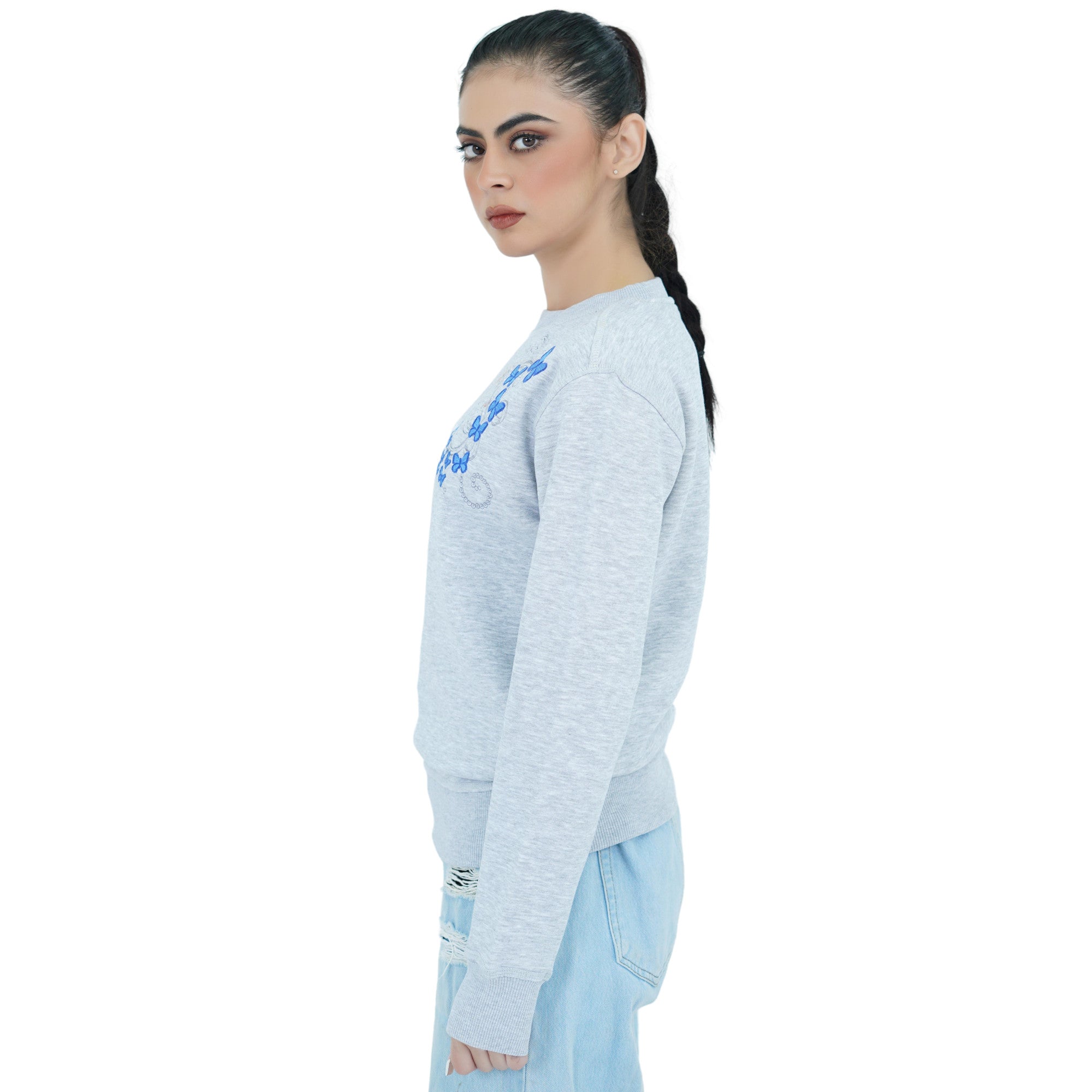 Damen Swearshirt Pullover Grau mit Stickerei