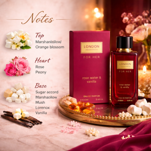 Eau de Parfum London Fragrances For Her Rosewater & Vanilla Made in England 100 ml