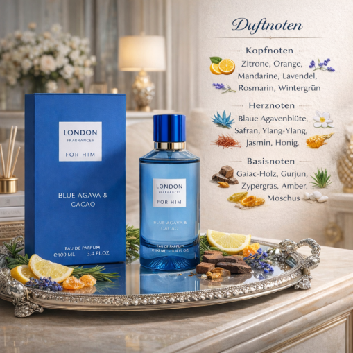 Eau de Parfum London Fragrances For Him Blue Agave Cacao Made in England 100 ml