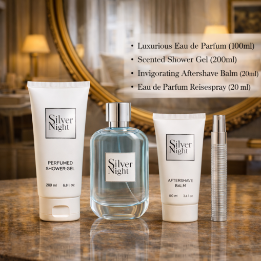 Pflege-Geschenkset Silver Night 4-tlg. Herren Duftset: EdP, Duschgel, Aftershave